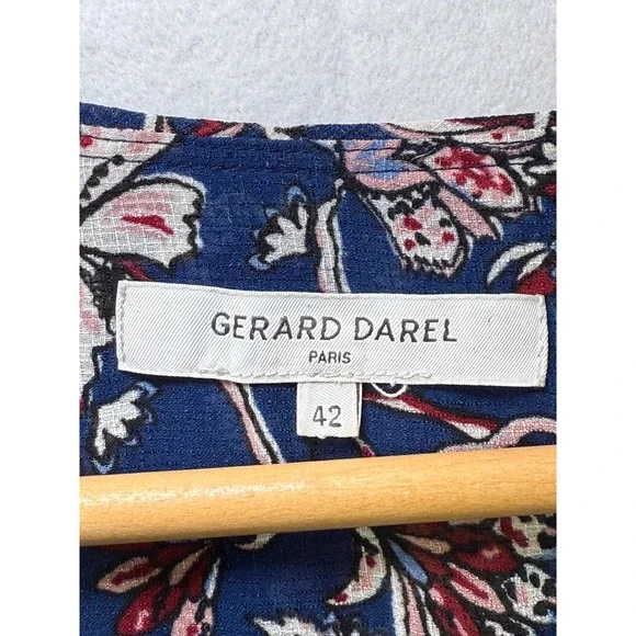 GERARD DAREL Paris Floral Wrap Dress Midi Blue Red White Women Size 10